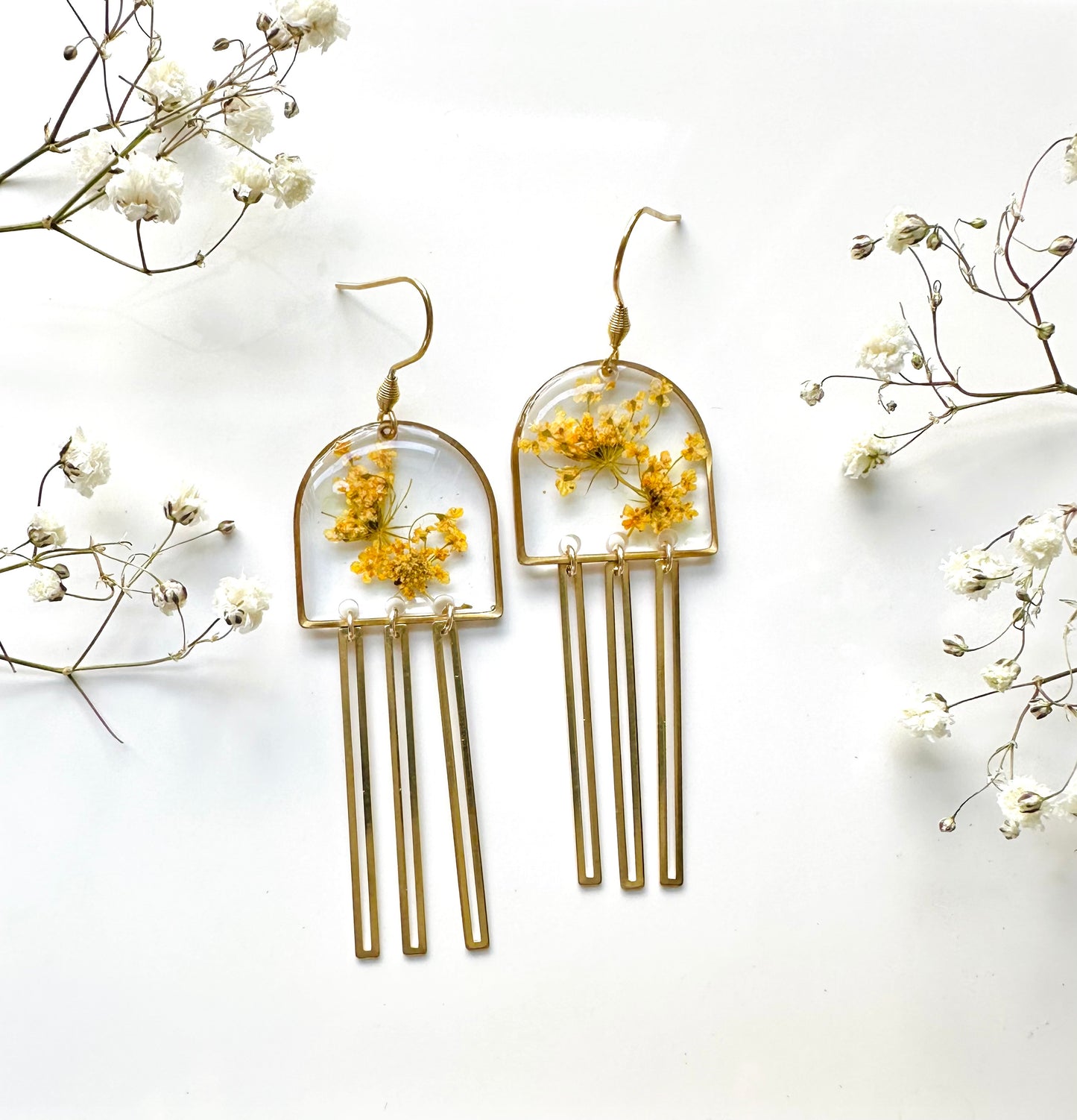 Amber Queen Anne's Lace, Brass Dangles